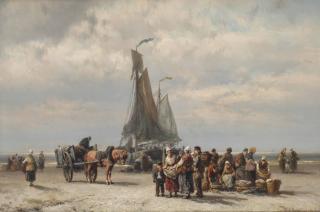 Johannes Hermanus Barend Koekkoek - Collecting the catch at low tide
