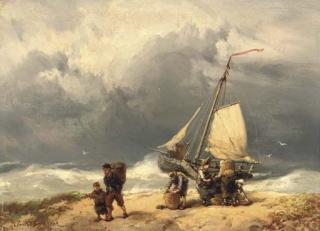 Johannes Hermanus Barend Koekkoek - Fisherfolk on a windswept beach