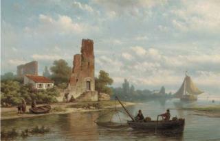 Johannes Hermanus Barend Koekkoek - Fishermen near a ruin on a riverbank