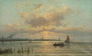 Johannes Hermanus Barend Koekkoek - Gezigt op de Maas voor Rotterdam bij ondergaande zon: ships on the river Maas at sunset, Rotterdam