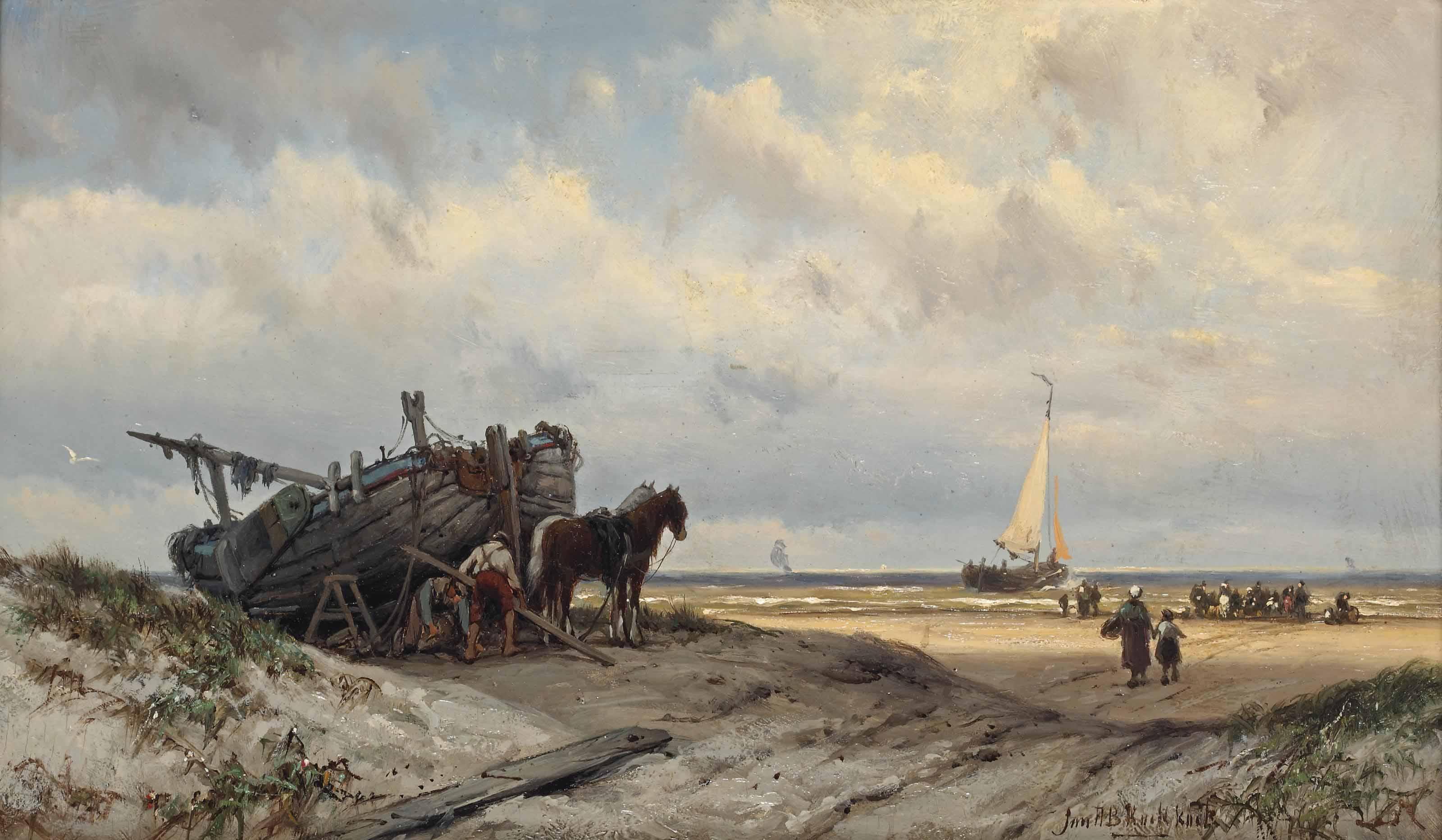 Johannes Hermanus Barend Koekkoek - Repairing the vessel in the dunes