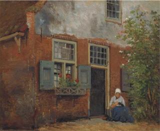 Johannes Hermanus Barend Koekkoek - Sewing on the doorstep