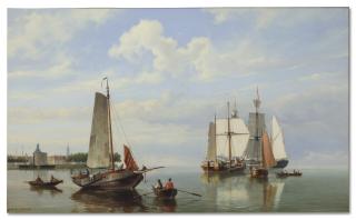 Johannes Hermanus Barend Koekkoek - Ships on the Zuiderzee with a view of Enkhuizen with the Drommedaris and the Zuiderkerk