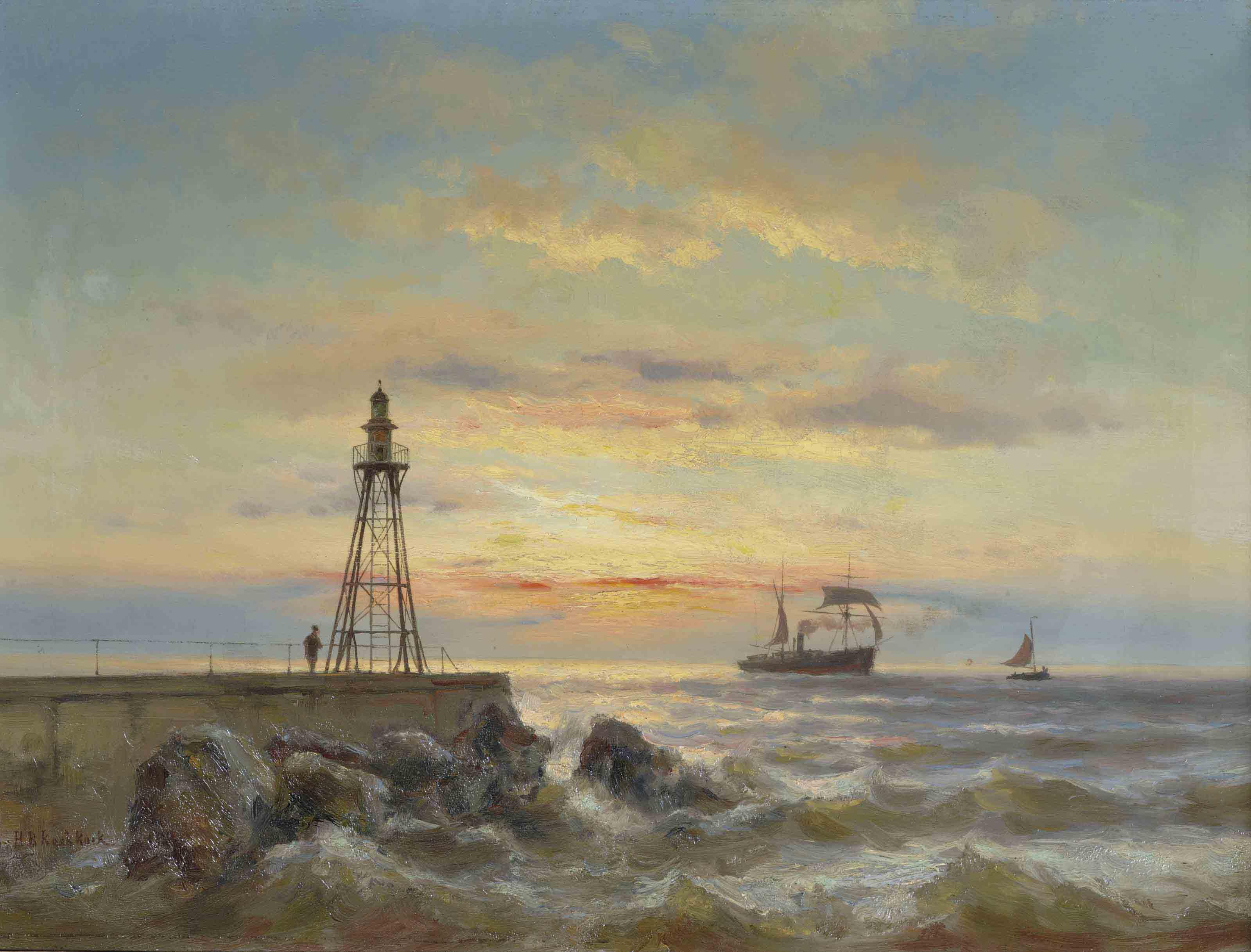 Johannes Hermanus Barend Koekkoek - The pier of IJmuiden at sunset