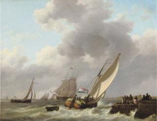 Johannes Hermanus Koekkoek - A busy day on the water near a jetty