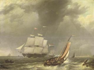 Johannes Hermanus Koekkoek - A frigat under sail by a coast