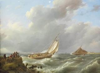 Johannes Hermanus Koekkoek - A sailing boat on choppy waters, Muiden in the distance