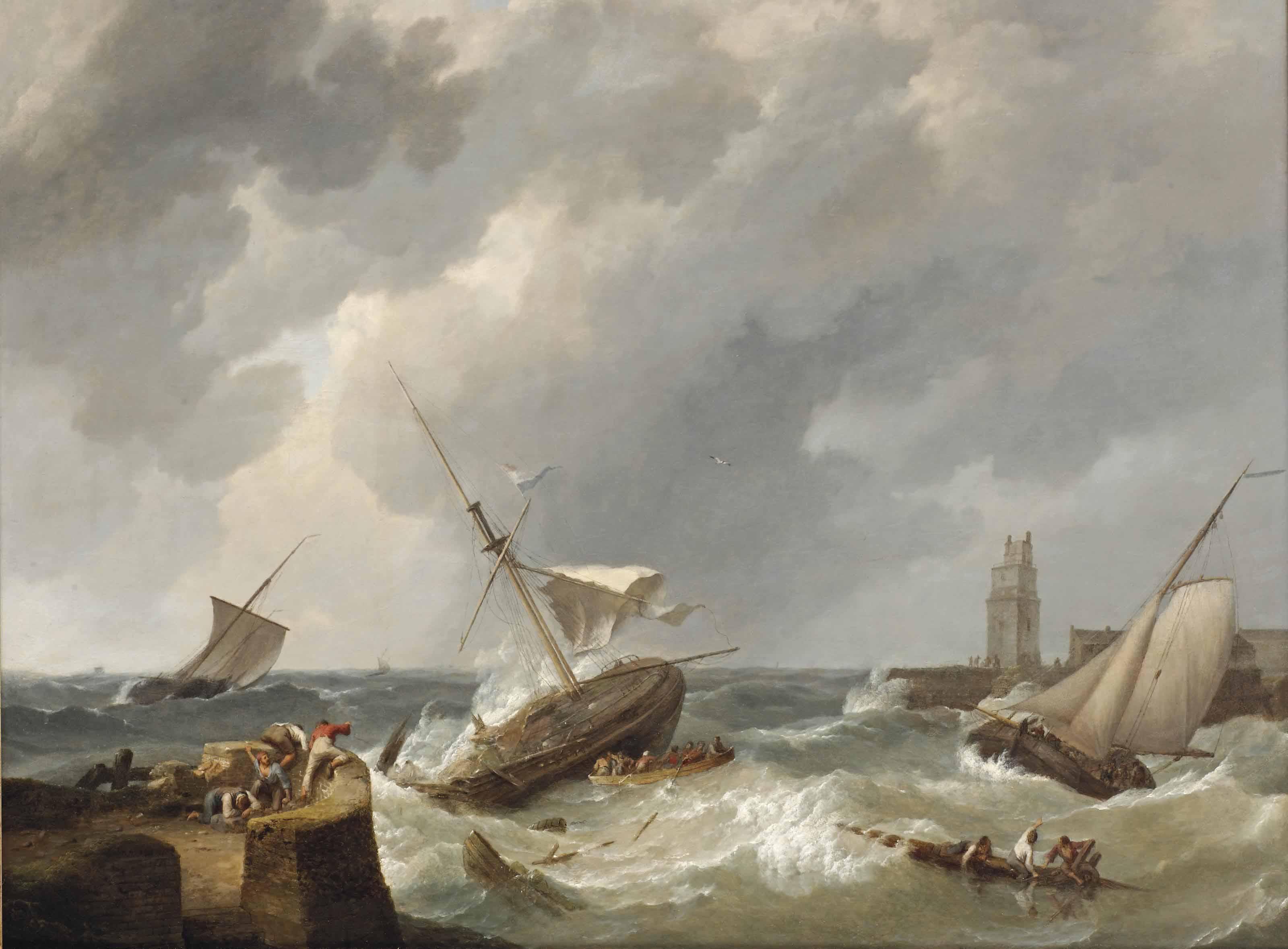 Johannes Hermanus Koekkoek - A two master at risk near the harbour entrance