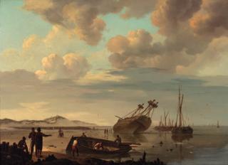 Johannes Hermanus Koekkoek - De gestrande boot: a beached three-master with beachcombers along the shore