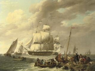 Johannes Hermanus Koekkoek - Een Hollands, Amerikaans, Engels, Deens en Zweeds fregat op de Westerschelde: several frigates near a jetty