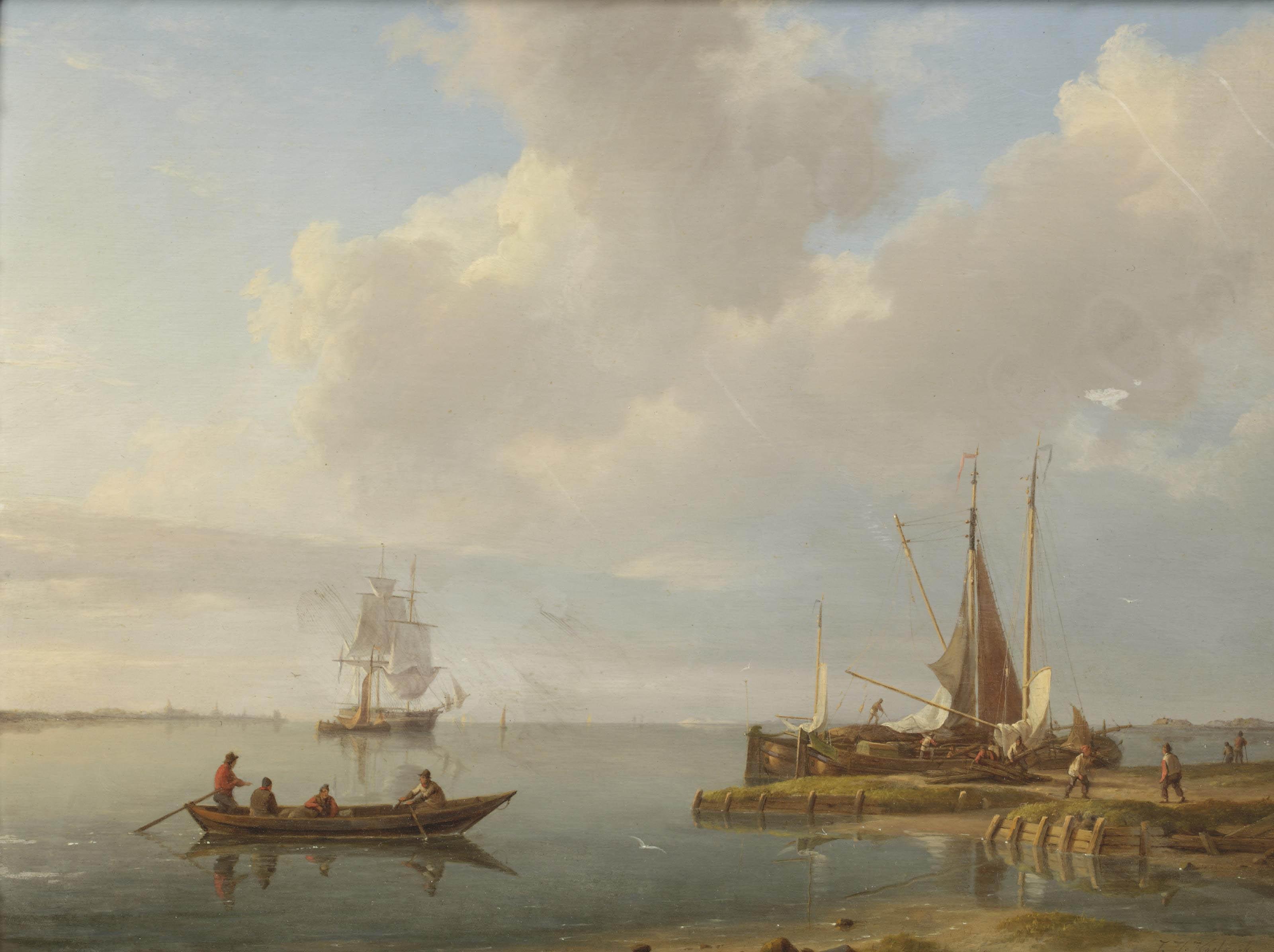 Johannes Hermanus Koekkoek - Fishermen and fishing boats on a calm estuary