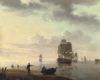 Johannes Hermanus Koekkoek - Men-o\'war and other shipping in an offshore anchorage; and Running inshore in a gale