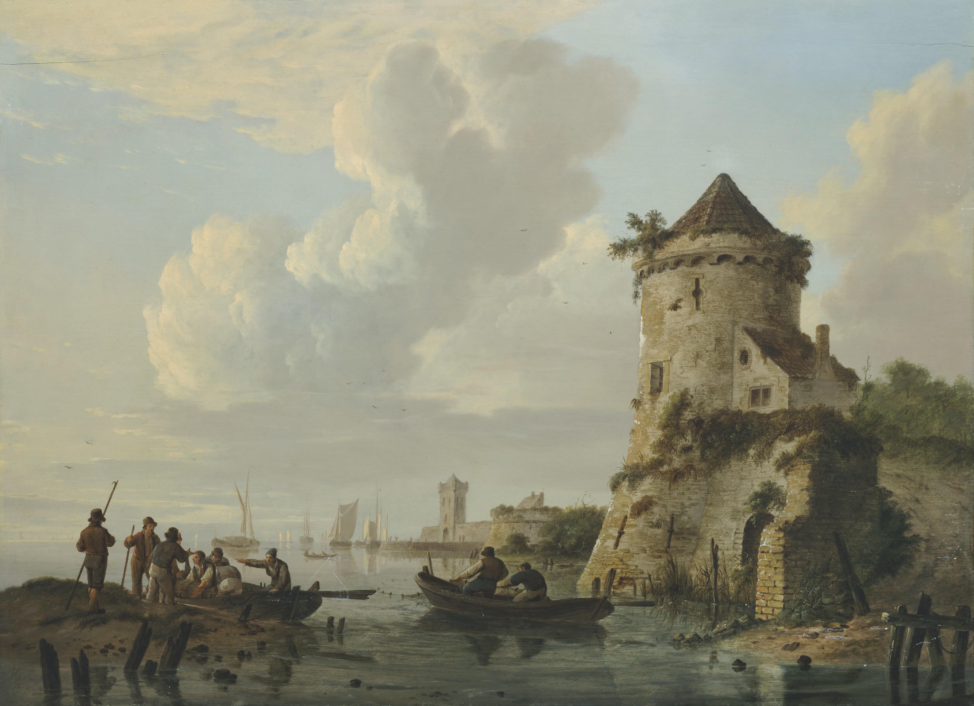 Johannes Hermanus Koekkoek - Pulling in nets at sunset