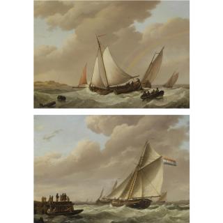 Johannes Hermanus Koekkoek - Sailing Ships Approaching The Harbour;  Sailing In Choppy Waters (A Pair)