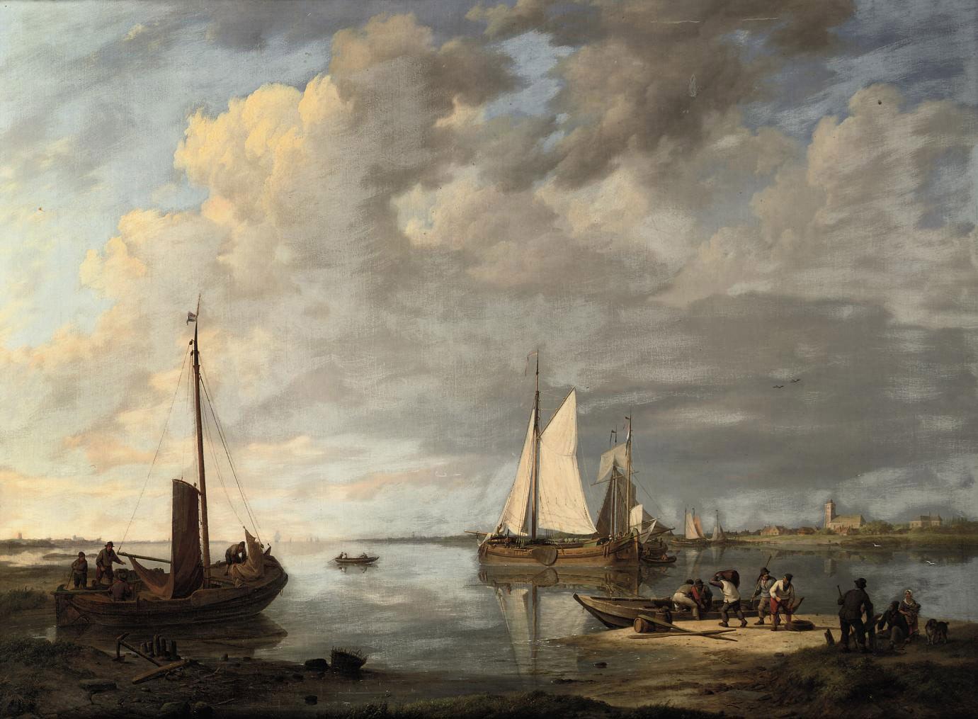Johannes Hermanus Koekkoek - Shipping on a calm estuary