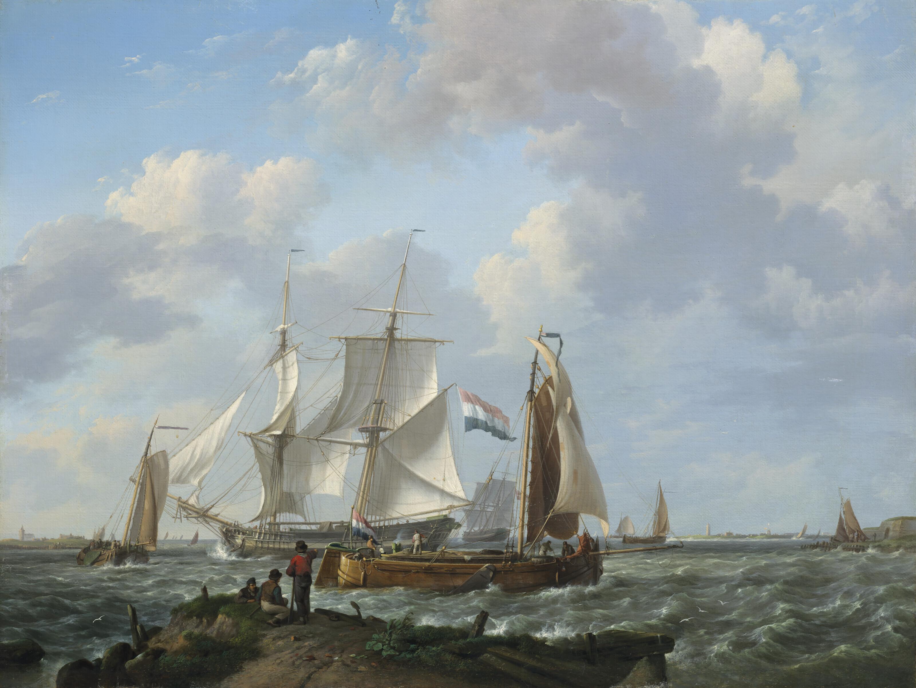 Johannes Hermanus Koekkoek - Ships in a squall with figures on shore