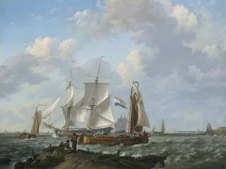 Johannes Hermanus Koekkoek - Ships in a squall with figures on shore