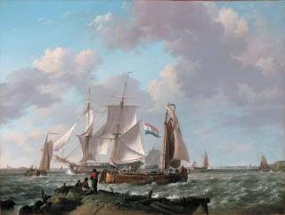 Johannes Hermanus Koekkoek - Ships in a Squall with Figures on the Shore