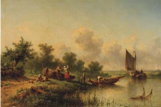 Johannes Hilverdink - A fisherfamily standing by a river on a sunny day
