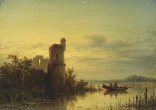 Johannes Hilverdink - A Fishing Boat near the Ruins of a Castle at Dusk