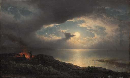 Johannes Hilverdink - A moonlit coastal landscape with men preparing a fire