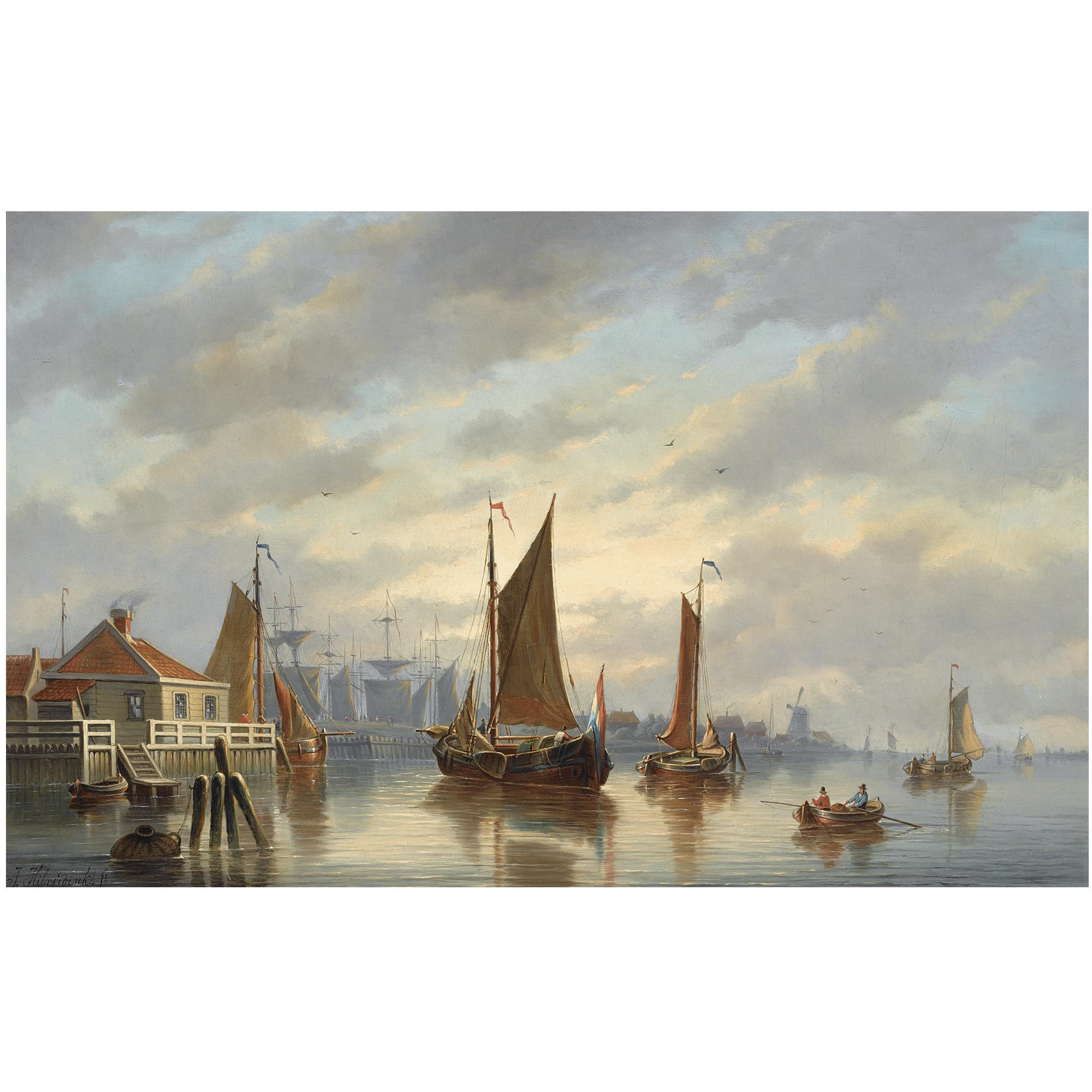 Johannes Hilverdink - Dutch A Dutch Harbour At Sunset