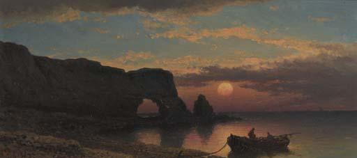 Johannes Hilverdink - Fishermen at work on a rocky coast at dusk