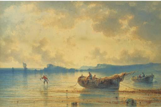 Johannes Hilverdink - Fishermen tending to their nets at sunset