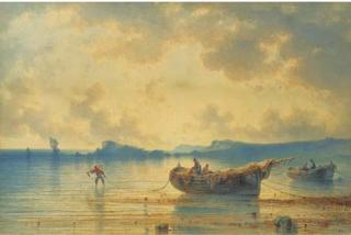 Johannes Hilverdink - Fishermen tending to their nets at sunset
