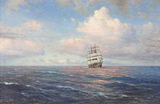 Johannes Holst - Three-Masted Ship Sailing in Calm Seas framed 77.5 x 116.8 x 1.3 cm (30 1/2 x 46 x 1/2 in).