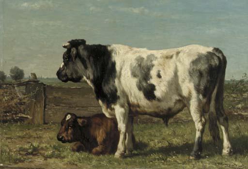 Johannes Hubertus Leonardus De Haas - A bull and a calf in a meadow