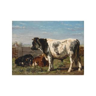 Johannes Hubertus Leonardus de Haas - A Bull And Calves In A Summer Landscape