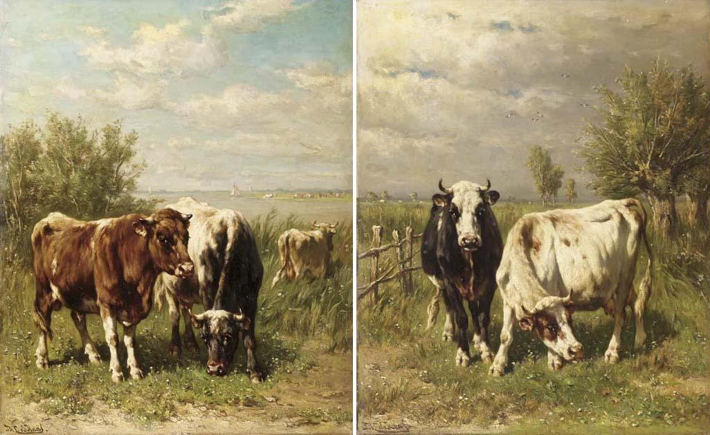Johannes Hubertus Leonardus De Haas - Cows in a sunlit riverlandscape; Cows in a meadow