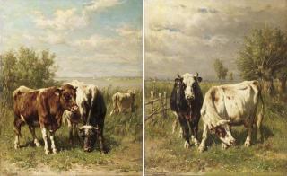 Johannes Hubertus Leonardus De Haas - Cows in a sunlit riverlandscape; Cows in a meadow