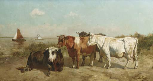 Johannes Hubertus Leonardus De Haas - Cows on a waterside