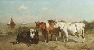 Johannes Hubertus Leonardus De Haas - Cows on a waterside