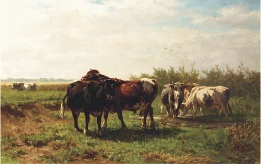 Johannes Hubertus Leonardus De Haas - Les Paturages Hollandaises: Cattle In A Meadow