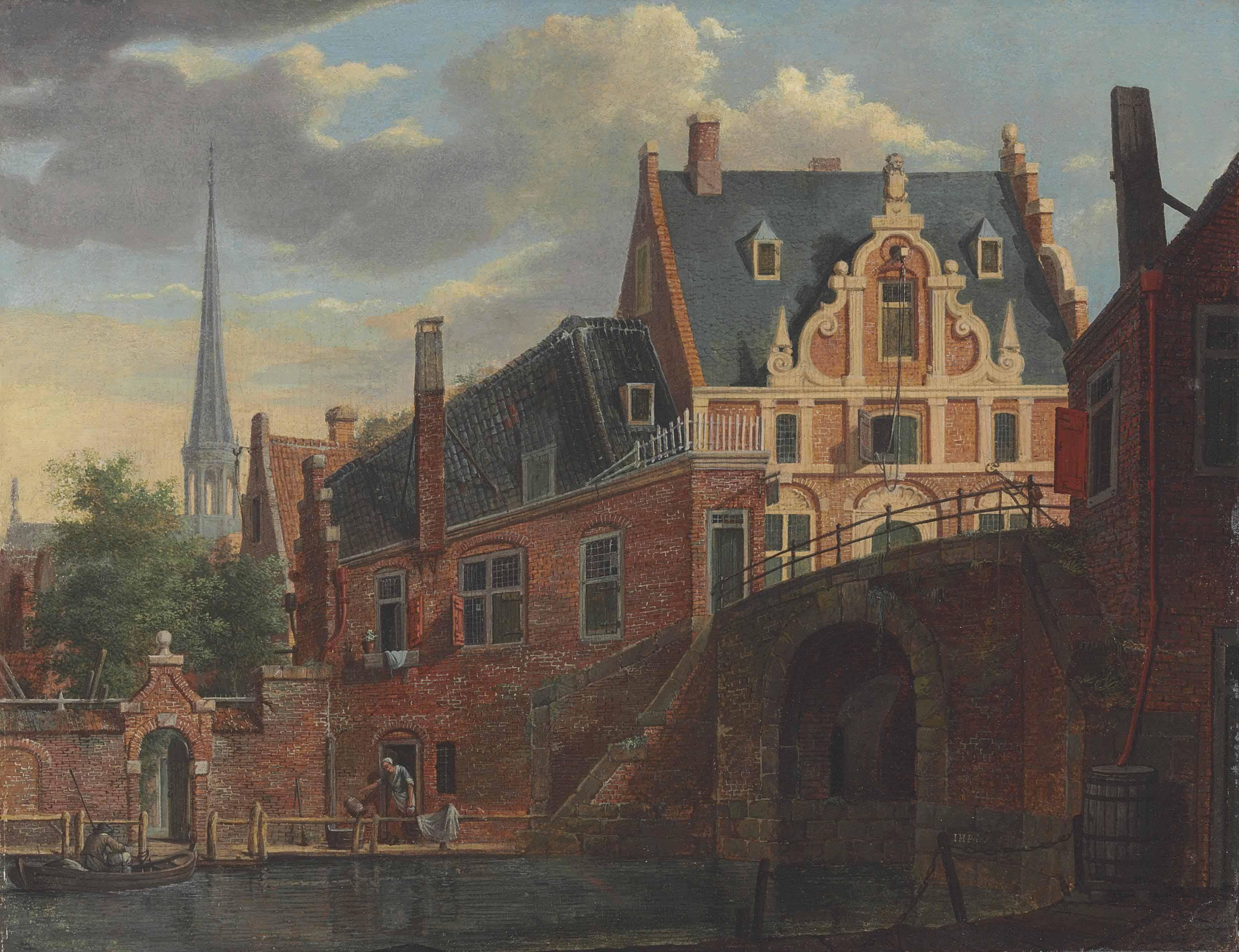 Johannes Huibert Prins - A Canal View With A Church In The Distance