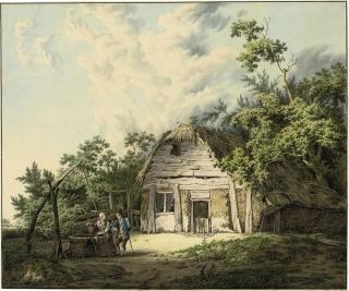 Johannes Huibert Prins - A ruined farmhouse in a wooded landscape, with a couple conversing by a well