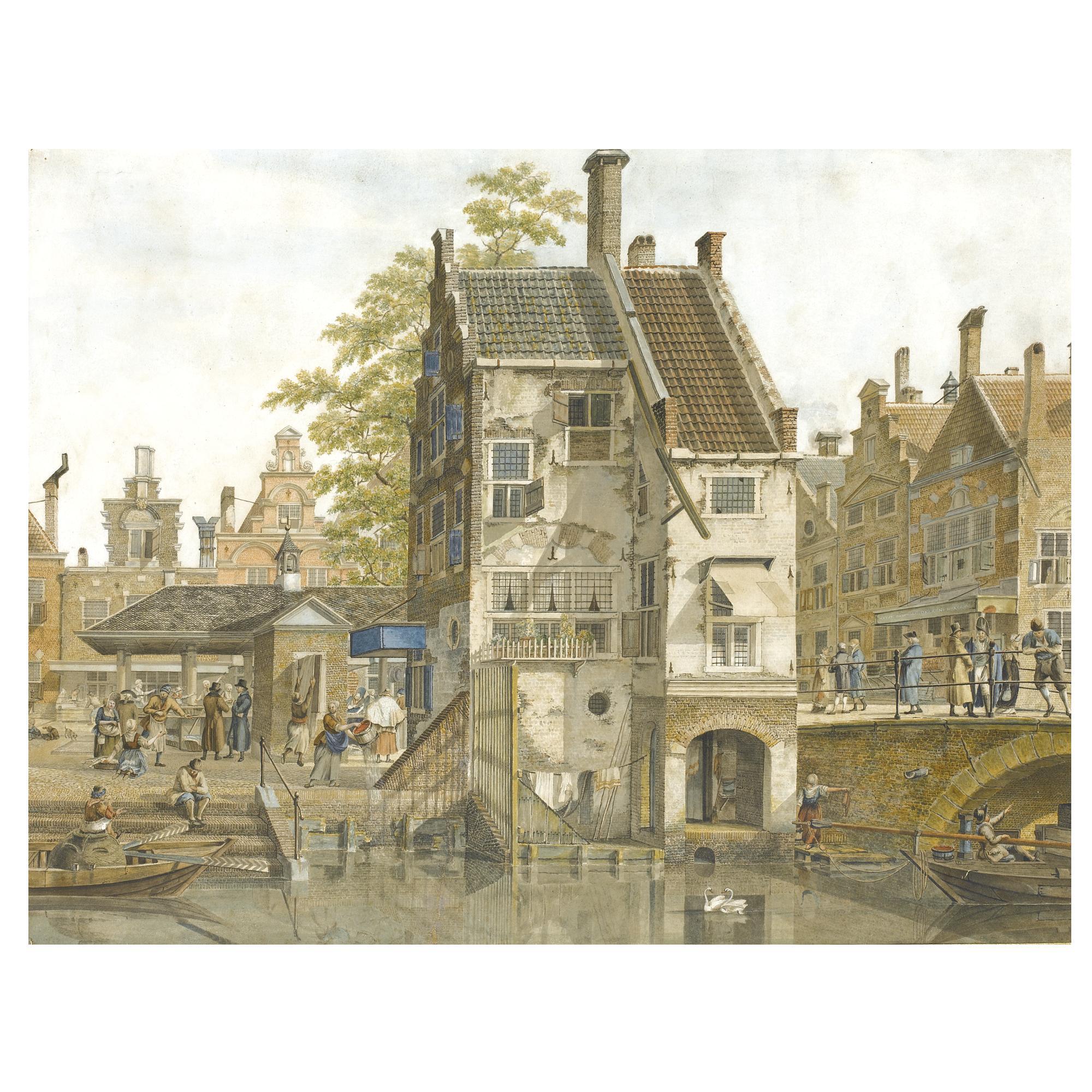 Johannes Huibert Prins - A Town Square With A Fish Market, A Canal In The Foreground