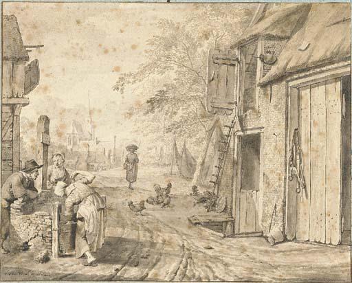Johannes Huibert Prins - A village street with three peasants by a well, a church beyond
