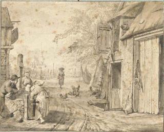 Johannes Huibert Prins - A village street with three peasants by a well, a church beyond