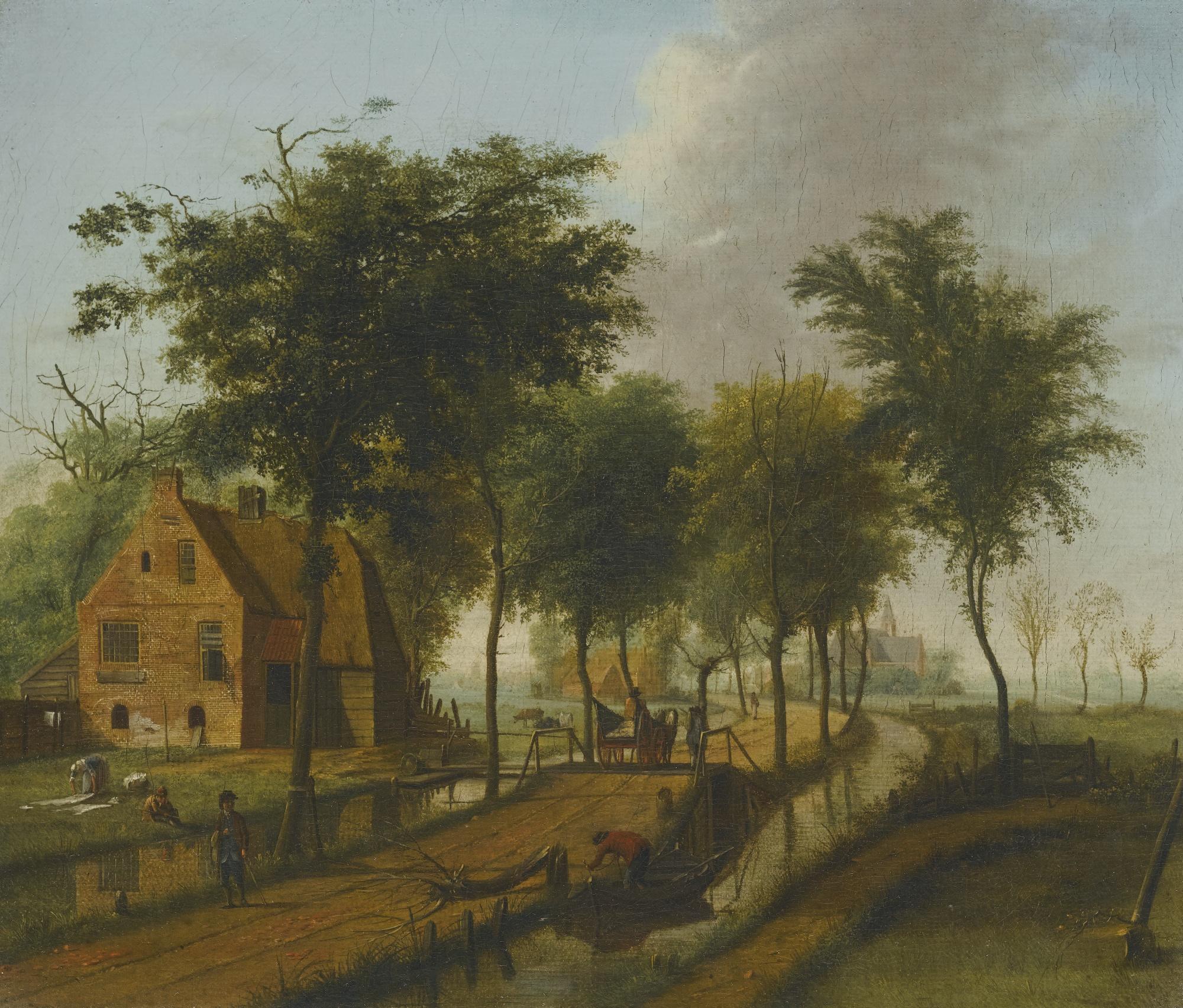 Johannes Huibert Prins - Landscape With A Brick House And A Horsecart Alongside A Canal