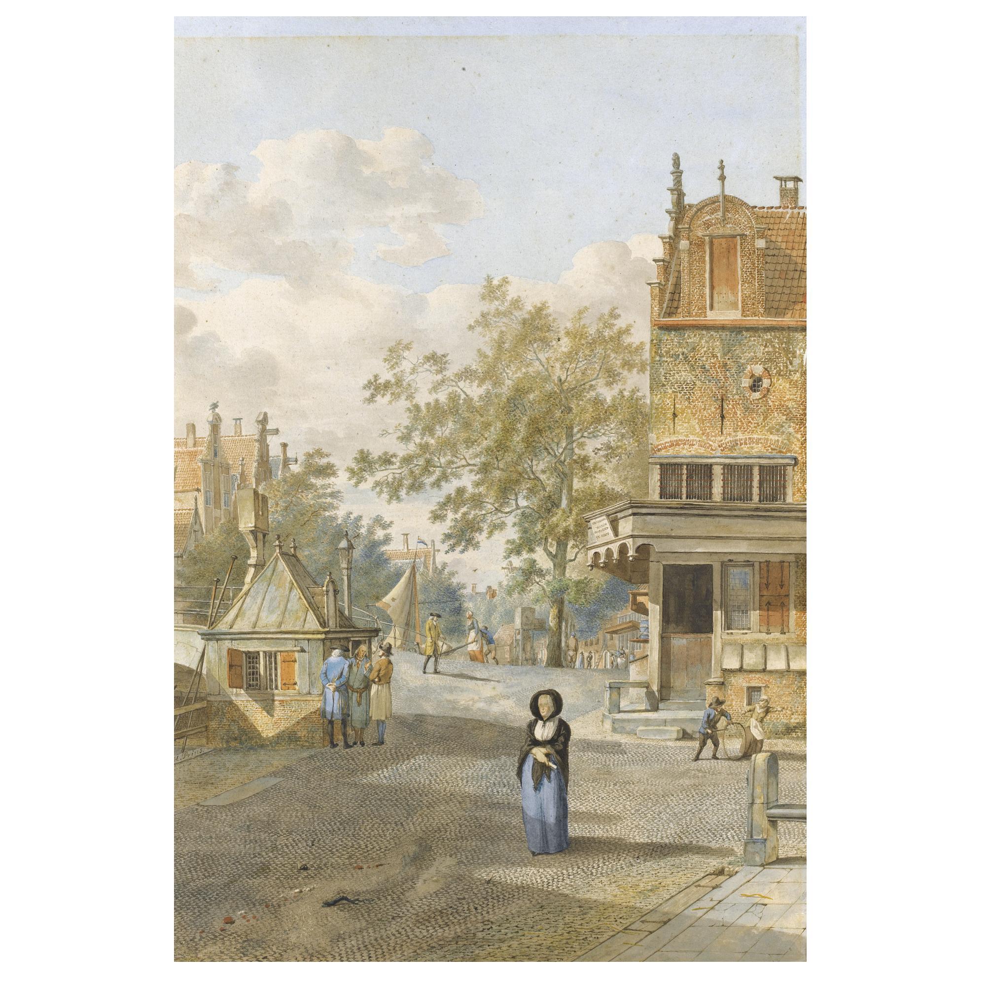 Johannes Huibert Prins - Street Scene, With Figures By A Bridge Over A Canal
