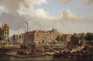 Johannes Jacobus Antonius Hilverdink - Numerous figures on a quay near the Geldersekade, Amsterdam