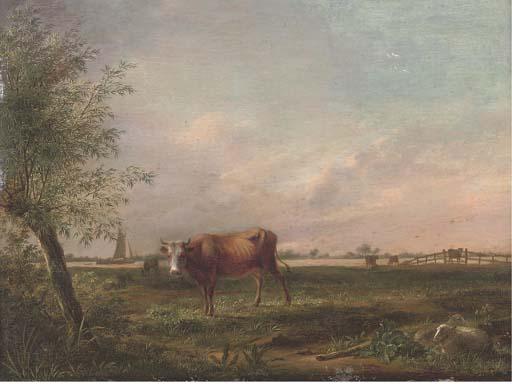 Johannes Janson - A landscape with cattle and sheep, boating on a river beyond