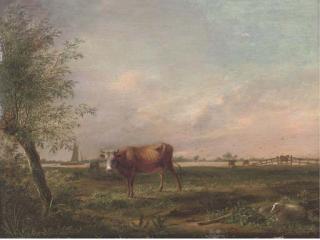 Johannes Janson - A landscape with cattle and sheep, boating on a river beyond