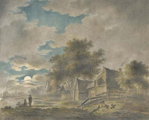 Johannes Janson - A Moonlit River Landscape With Fishermen Near A Farm, A Windmill Beyond