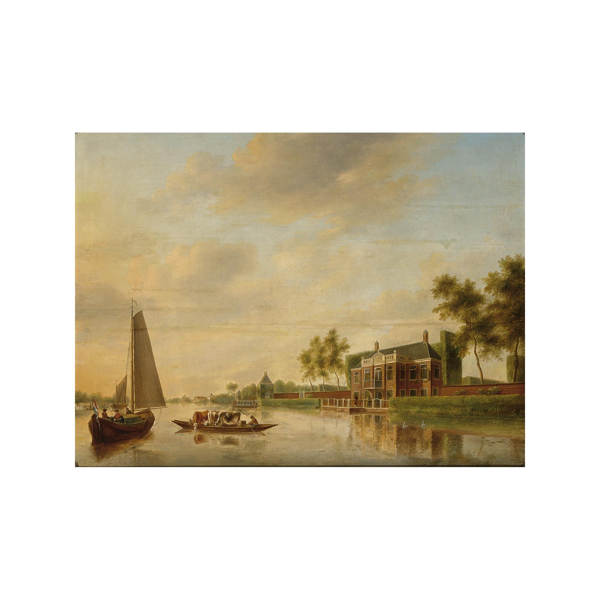Johannes Janson - A River Landscape Near Leiden With A Sailingboat And A Rowing Boat Transporting Cattle To A Mansion