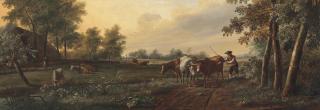 Johannes Janson - A river landscape with a drover and his cattle, a windmill beyond